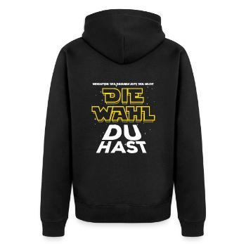 Widerstehe der braunen Seite - Die Wahl du hast - Unisex Premium Bio Zip Hoodie - Schwarz - Hinten - Nico (187cm)