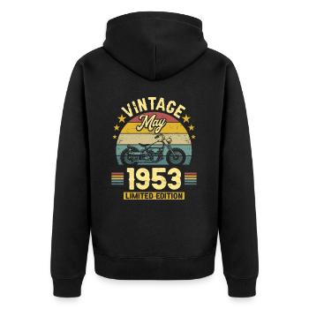 Oldtimer-Biker Jahrgang Mai 1953 70-jähriges Jubiläum - Unisex Premium Bio Zip Hoodie - Schwarz - Hinten - Nico (187cm)