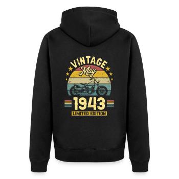 Oldtimer-Biker Jahrgang Mai 1943 80-jähriges Jubiläum - Unisex Premium Bio Zip Hoodie - Schwarz - Hinten - Nico (187cm)