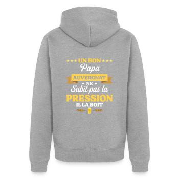 Humour Papa Auvergnat - Veste à capuche bio Premium Unisexe - gris chiné - Dos - Nico (187cm)
