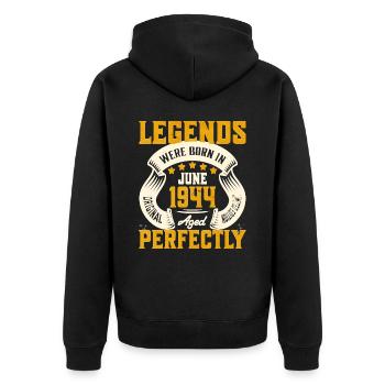 80. Jubiläum Juni Jahrgang 1944 - Unisex Premium Bio Zip Hoodie - Schwarz - Hinten - Nico (187cm)