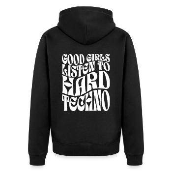 Girls Listen To Hard Techno EDM - Unisex Premium Organic Zip Hoodie - black - Back - Nico (187cm)
