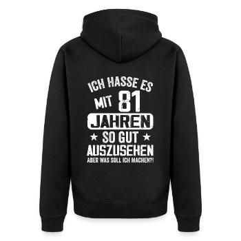 81 Jahre Jung - Vintage Geburtstagsspruch - Unisex Premium Bio Zip Hoodie - Schwarz - Hinten - Nico (187cm)