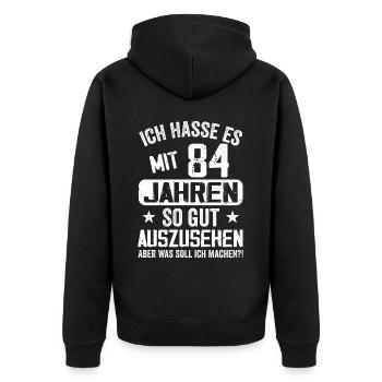 84 Jahre Jung - Vintage Geburtstagsspruch - Unisex Premium Bio Zip Hoodie - Schwarz - Hinten - Nico (187cm)