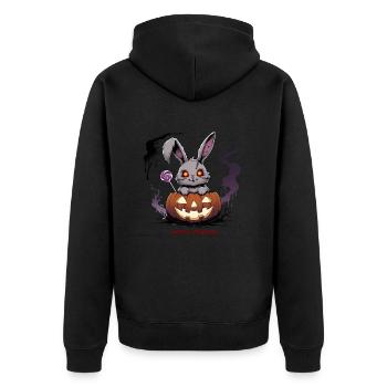Besessen süß – Gruselhase im Kürbis - Unisex Premium Bio Zip Hoodie - Schwarz - Hinten - Nico (187cm)