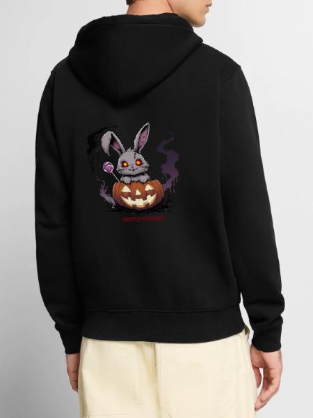 Besessen süß – Gruselhase im Kürbis - Unisex Premium Bio Zip Hoodie - Schwarz - Hinten - Nico (187cm)