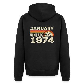 Janvier 1974 Vintage Anniversaire 1974, Né en 1974 - Veste à capuche bio Premium Unisexe - noir - Dos - Nico (187cm)