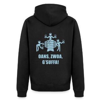 Oans, Zwoa, G’Suffa! (Team / Bier / Bierfass) - Unisex Premium Bio Zip Hoodie - Schwarz - Hinten - Nico (187cm)