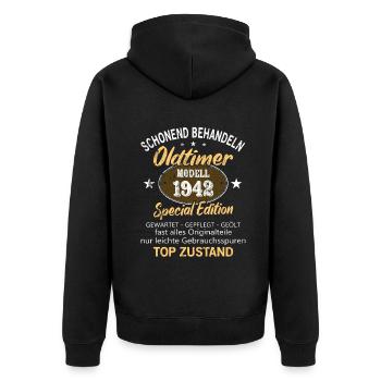 Oldtimer Baujahr 1942 Geboren Jahrgang 1942 - Unisex Premium Bio Zip Hoodie - Schwarz - Hinten - Nico (187cm)