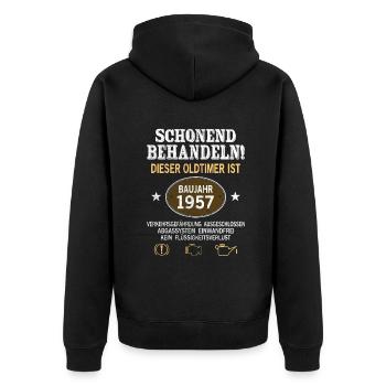 Schonend Behandeln Oldtimer Baujahr 1957 Geboren - Unisex Premium Bio Zip Hoodie - Schwarz - Hinten - Nico (187cm)