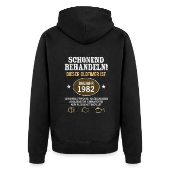 Schonend Behandeln Oldtimer Baujahr 1982 Geboren - Unisex Premium Bio Zip Hoodie - Schwarz - Hinten - Nico (187cm)