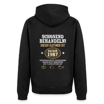 Schonend Behandeln Oldtimer Baujahr 1987 Geboren - Unisex Premium Bio Zip Hoodie - Schwarz - Hinten - Nico (187cm)