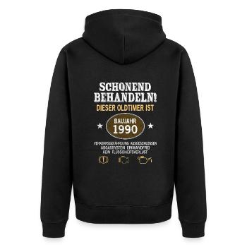 Schonend Behandeln Oldtimer Baujahr 1990 Geboren - Unisex Premium Bio Zip Hoodie - Schwarz - Hinten - Nico (187cm)