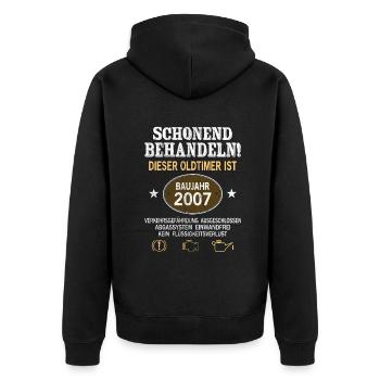 Schonend Behandeln Oldtimer Baujahr 2007 Geboren - Unisex Premium Bio Zip Hoodie - Schwarz - Hinten - Nico (187cm)