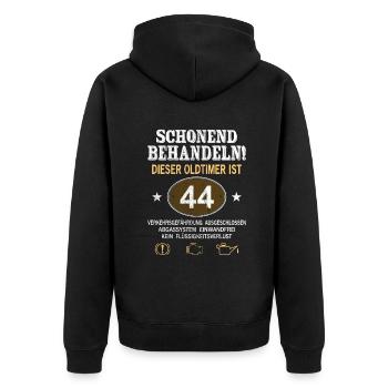 Schonend Behandeln Oldtimer Ist 44 Jahre 44. - Unisex Premium Bio Zip Hoodie - Schwarz - Hinten - Nico (187cm)