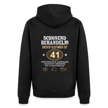Schonend Behandeln Oldtimer Ist 41 Jahre 41. - Unisex Premium Bio Zip Hoodie - Schwarz - Hinten - Nico (187cm)