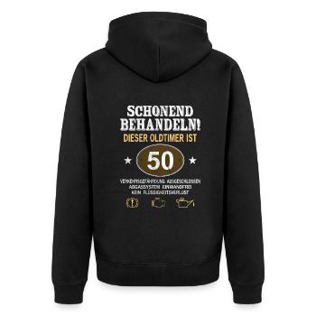 Schonend Behandeln Oldtimer Ist 50 Jahre 50. - Unisex Premium Bio Zip Hoodie - Schwarz - Hinten - Nico (187cm)