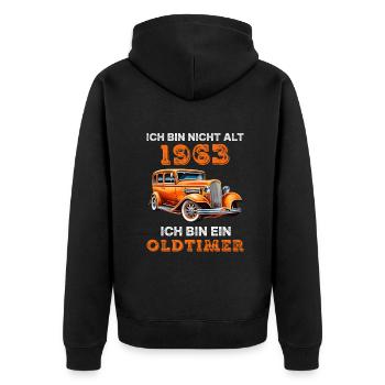 Oldtimer Auto Vintage 1963 Geburtstag Spruch - Unisex Premium Bio Zip Hoodie - Schwarz - Hinten - Nico (187cm)