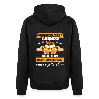 Morgens Müde Abends Blau Tischtennisspieler - Unisex Premium Bio Zip Hoodie - Schwarz - Hinten - Nico (187cm)