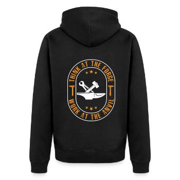 Think at the forge, work at the anvil - Unisex Premium Bio Zip Hoodie - Schwarz - Hinten - Nico (187cm)