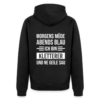 Morgens Müde Abends Blau Kletterer - Unisex Premium Bio Zip Hoodie - Schwarz - Hinten - Nico (187cm)