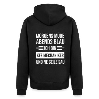 Morgens Müde Abends Blau Kfz Mechaniker - Unisex Premium Bio Zip Hoodie - Schwarz - Hinten - Nico (187cm)