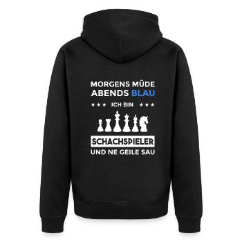 Morgens Müde Abends Blau Schachspieler - Unisex Premium Bio Zip Hoodie - Schwarz - Hinten - Nico (187cm)