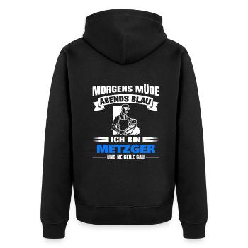 Morgens Müde Abends Blau Metzger - Unisex Premium Bio Zip Hoodie - Schwarz - Hinten - Nico (187cm)