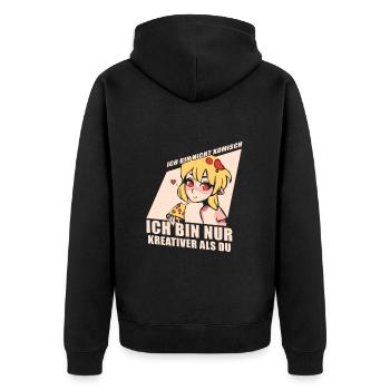 Ich bin nicht Komisch ich bin nur kreativer als du - Unisex Premium Bio Zip Hoodie - Schwarz - Hinten - Nico (187cm)