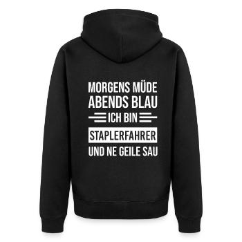Morgens Müde Abends Blau Staplerfahrer - Unisex Premium Bio Zip Hoodie - Schwarz - Hinten - Nico (187cm)