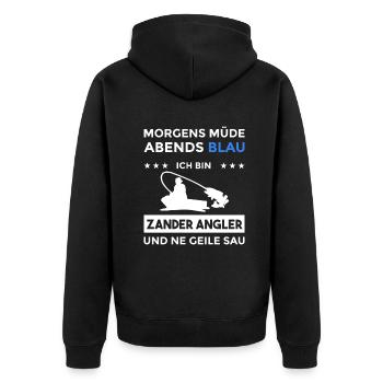 Morgens Müde Abends Blau Zander Angler - Unisex Premium Bio Zip Hoodie - Schwarz - Hinten - Nico (187cm)