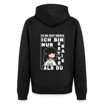 Ich bin nicht Komisch ich bin nur kreativer als du - Unisex Premium Bio Zip Hoodie - Schwarz - Hinten - Nico (187cm)