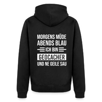 Morgens Müde Abends Blau Geocacher - Unisex Premium Bio Zip Hoodie - Schwarz - Hinten - Nico (187cm)