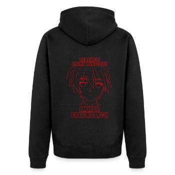 Behandle Anime Menschen immer freundlich - Unisex Premium Bio Zip Hoodie - Schwarz - Hinten - Nico (187cm)