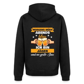 Morgens Müde Abends Blau Jäger - Unisex Premium Bio Zip Hoodie - Schwarz - Hinten - Nico (187cm)