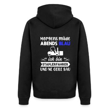 Morgens Müde Abends Blau Staplerfahrer - Unisex Premium Bio Zip Hoodie - Schwarz - Hinten - Nico (187cm)
