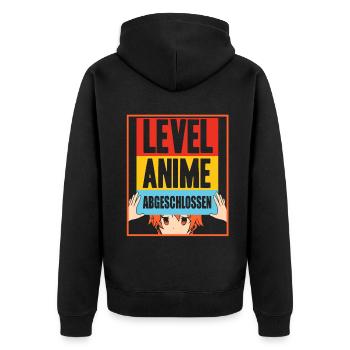 Level Anime Abgeschlossen - Unisex Premium Bio Zip Hoodie - Schwarz - Hinten - Nico (187cm)