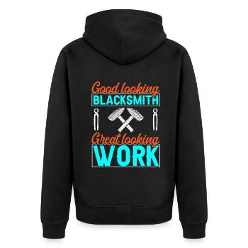 good looking blacksmith great looking work - Unisex Premium Bio Zip Hoodie - Schwarz - Hinten - Nico (187cm)