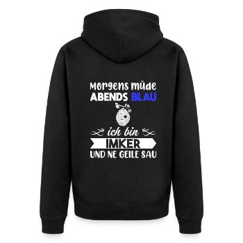 Morgens Müde Abends Blau Imker - Unisex Premium Bio Zip Hoodie - Schwarz - Hinten - Nico (187cm)