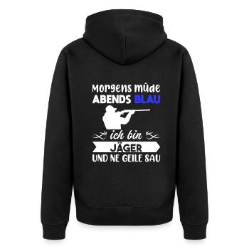 Morgens Müde Abends Blau Jäger - Unisex Premium Bio Zip Hoodie - Schwarz - Hinten - Nico (187cm)