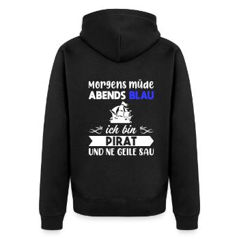 Morgens Müde Abends Blau Pirat - Unisex Premium Bio Zip Hoodie - Schwarz - Hinten - Nico (187cm)