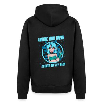 Anime und Wein darum bin ich hier - Unisex Premium Bio Zip Hoodie - Schwarz - Hinten - Nico (187cm)