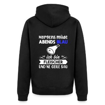 Morgens Müde Abends Blau Fleischer - Unisex Premium Bio Zip Hoodie - Schwarz - Hinten - Nico (187cm)