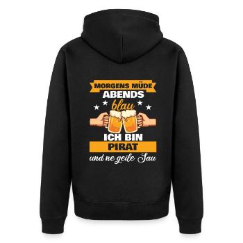 Morgens Müde Abends Blau Pirat - Unisex Premium Bio Zip Hoodie - Schwarz - Hinten - Nico (187cm)