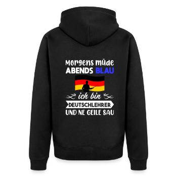 Morgens Müde Abends Blau Deutschlehrer - Unisex Premium Bio Zip Hoodie - Schwarz - Hinten - Nico (187cm)