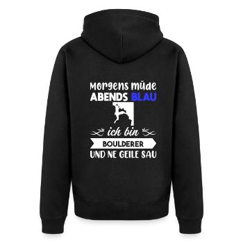 Morgens Müde Abends Blau Boulderer - Unisex Premium Bio Zip Hoodie - Schwarz - Hinten - Nico (187cm)