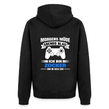 Morgens Müde Abends Blau Zocker - Unisex Premium Bio Zip Hoodie - Schwarz - Hinten - Nico (187cm)