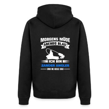 Morgens Müde Abends Blau Zander Angler - Unisex Premium Bio Zip Hoodie - Schwarz - Hinten - Nico (187cm)