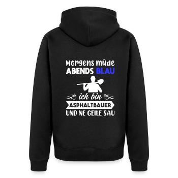 Morgens Müde Abends Blau Asphaltbauer - Unisex Premium Bio Zip Hoodie - Schwarz - Hinten - Nico (187cm)