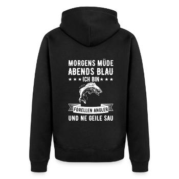 Morgens Müde Abends Blau Forellen Angler - Unisex Premium Bio Zip Hoodie - Schwarz - Hinten - Nico (187cm)
